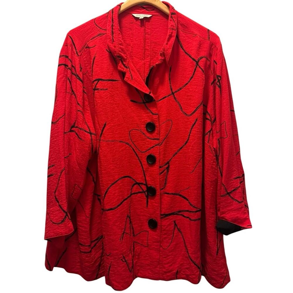 John Mark 3X Women's Red Black Abstract Button Up Swing Jacket Rayon Blend